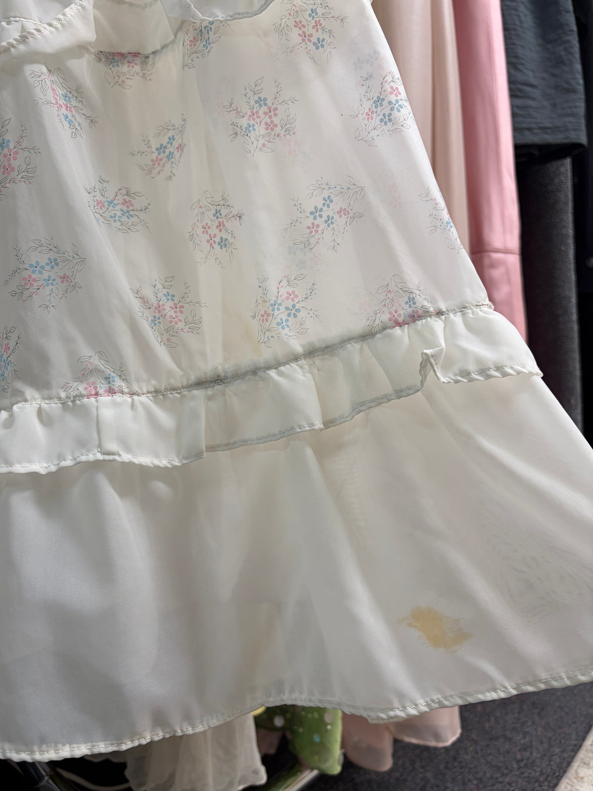 Vintage 60s ivory strapless cupcake dress with floral trim and ruffles