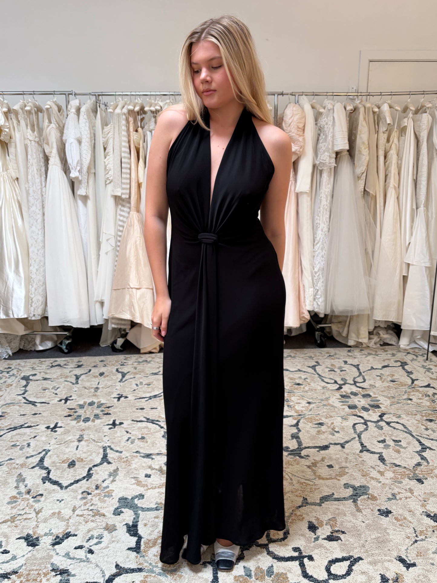 Vintage 90s black plunge neck open back evening dress