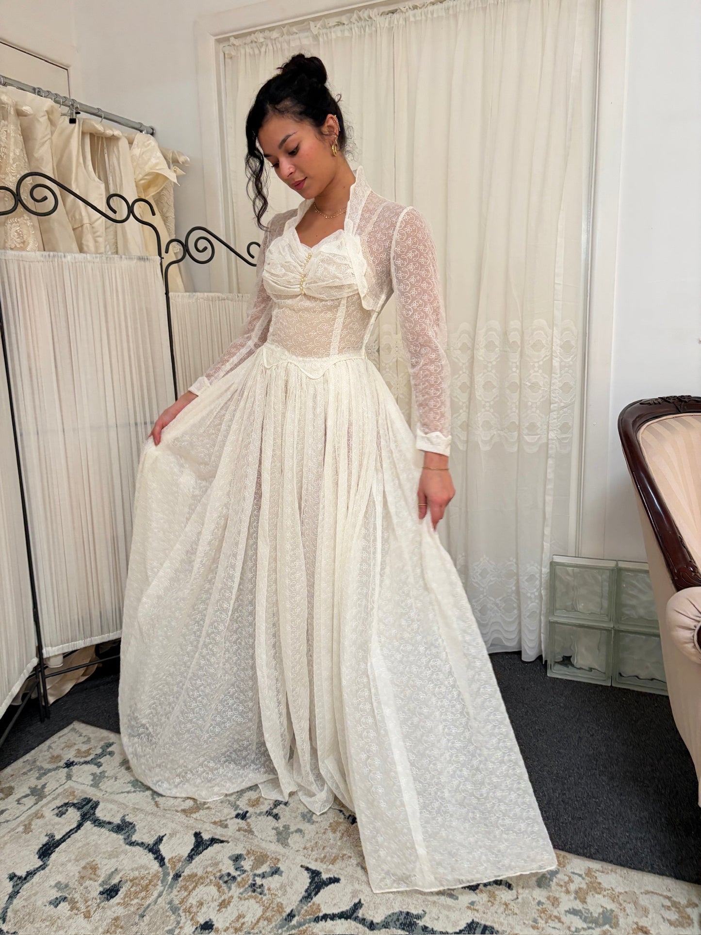 Vintage 60s long sleeve semi sheer lace high neck wedding gown