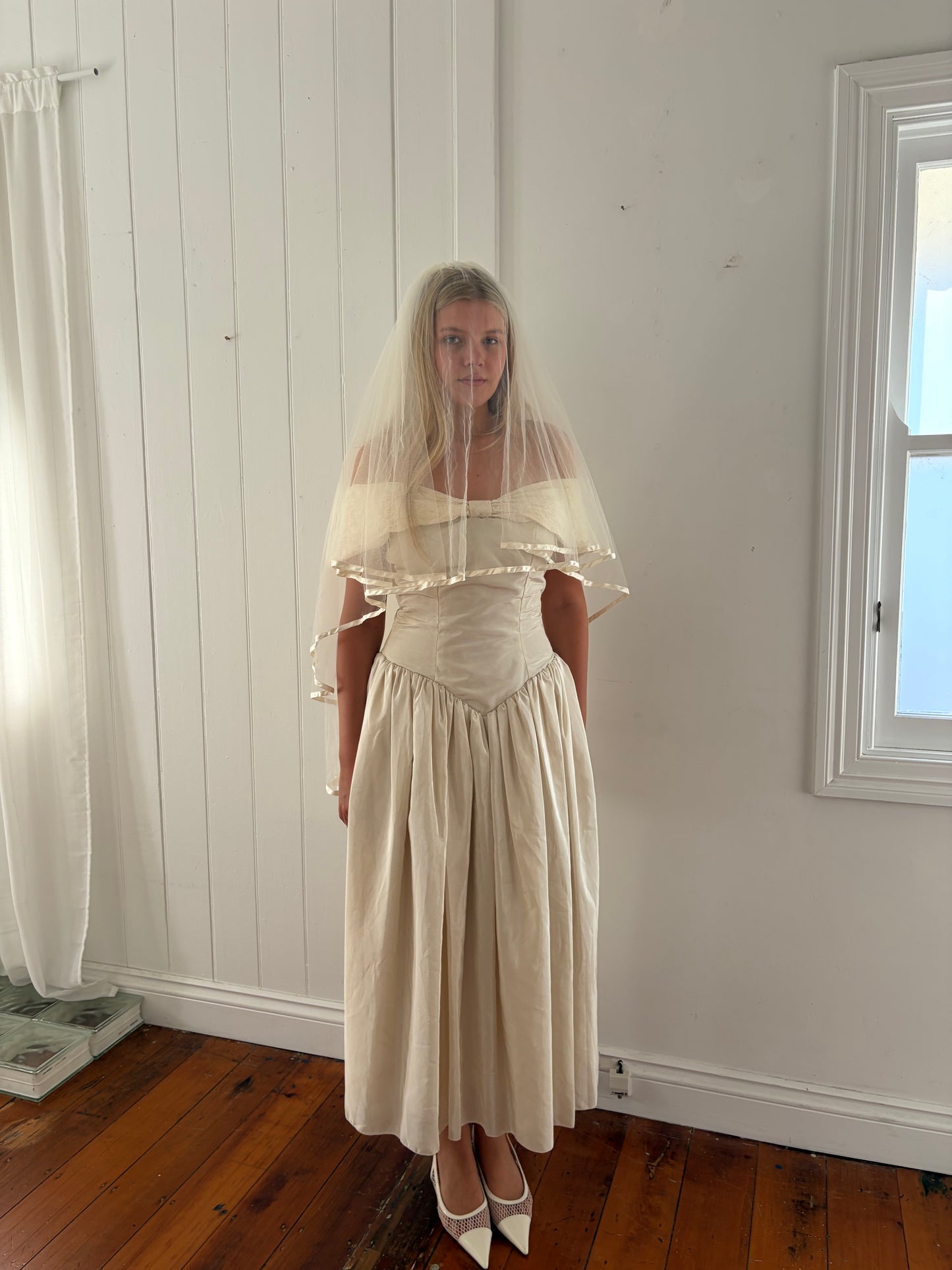 Vintage 90s cream basque waist off shoulder wedding dress