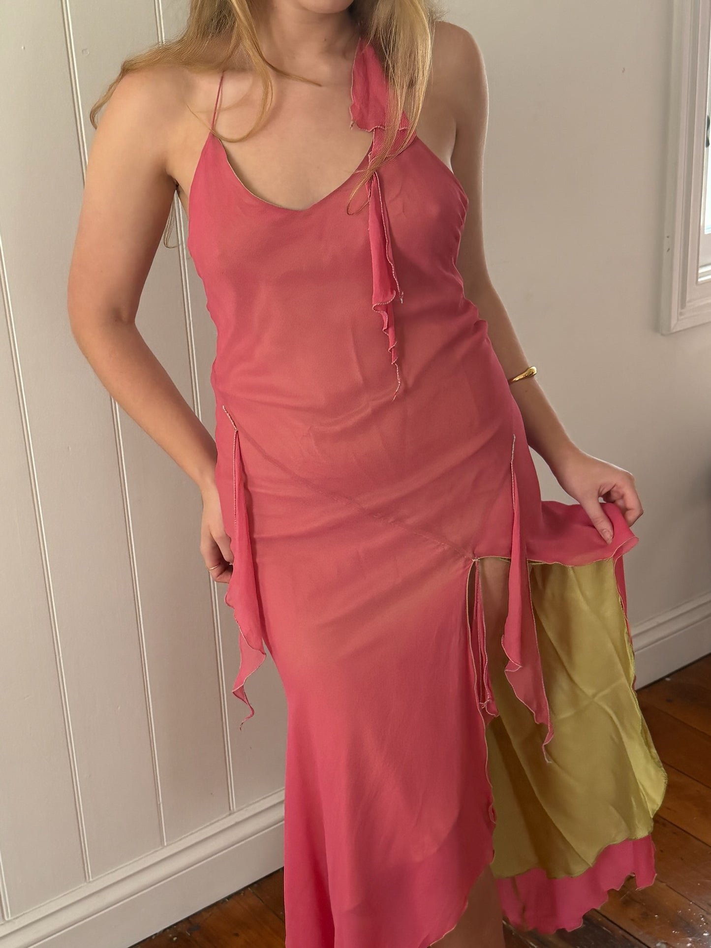 Vintage 1990 Jenny Bannister pink green silk halter maxi dress