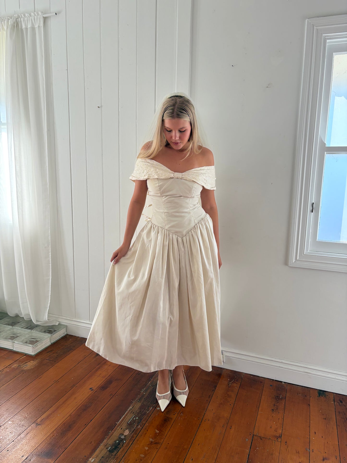 Vintage 90s cream basque waist off shoulder wedding dress