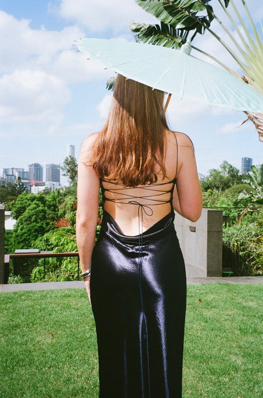 Julia Dress - Vintage 90s navy satin open back evening gown