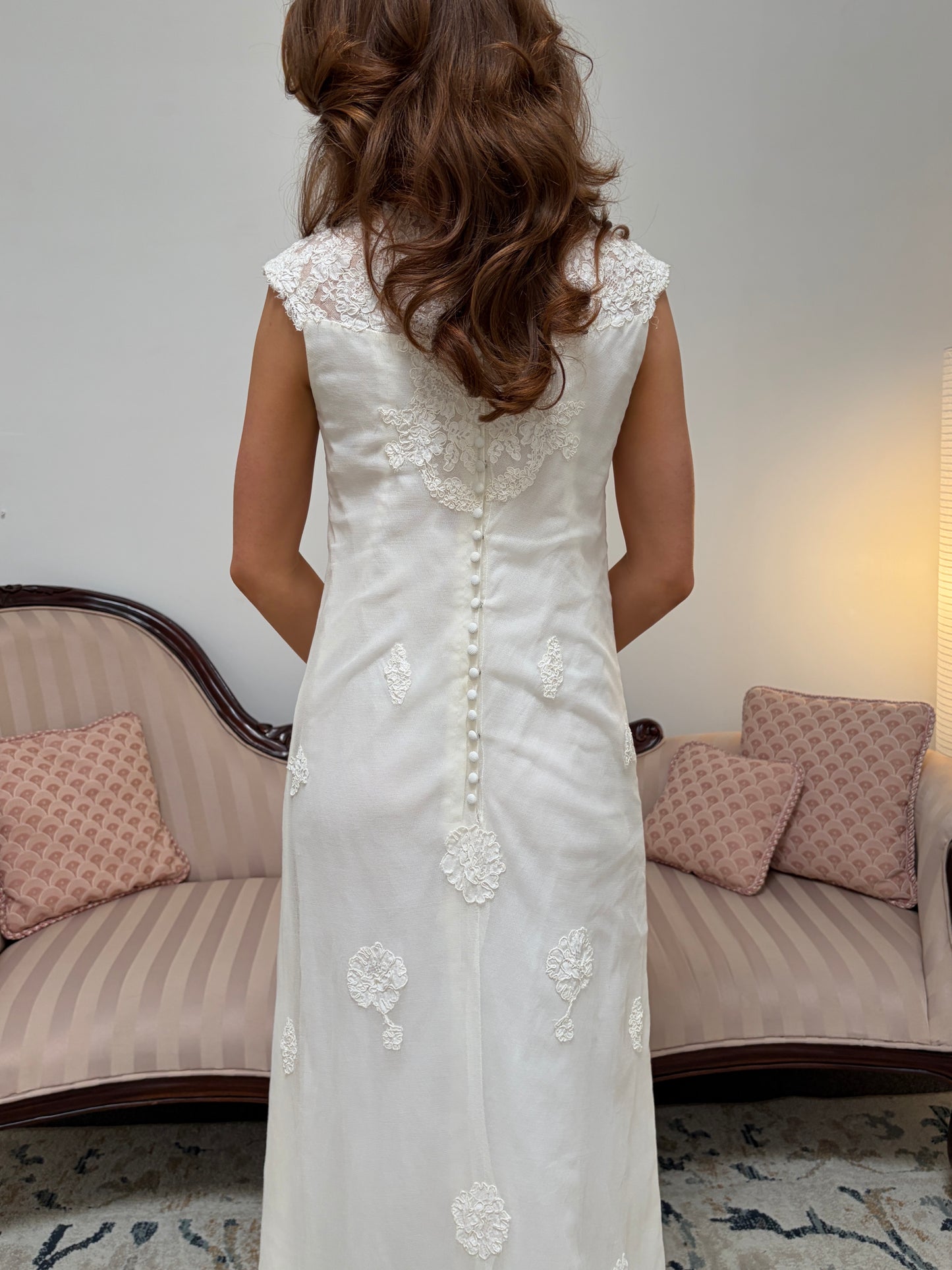 Vintage 60s Alfred Angelo high neck alençon lace column wedding dress