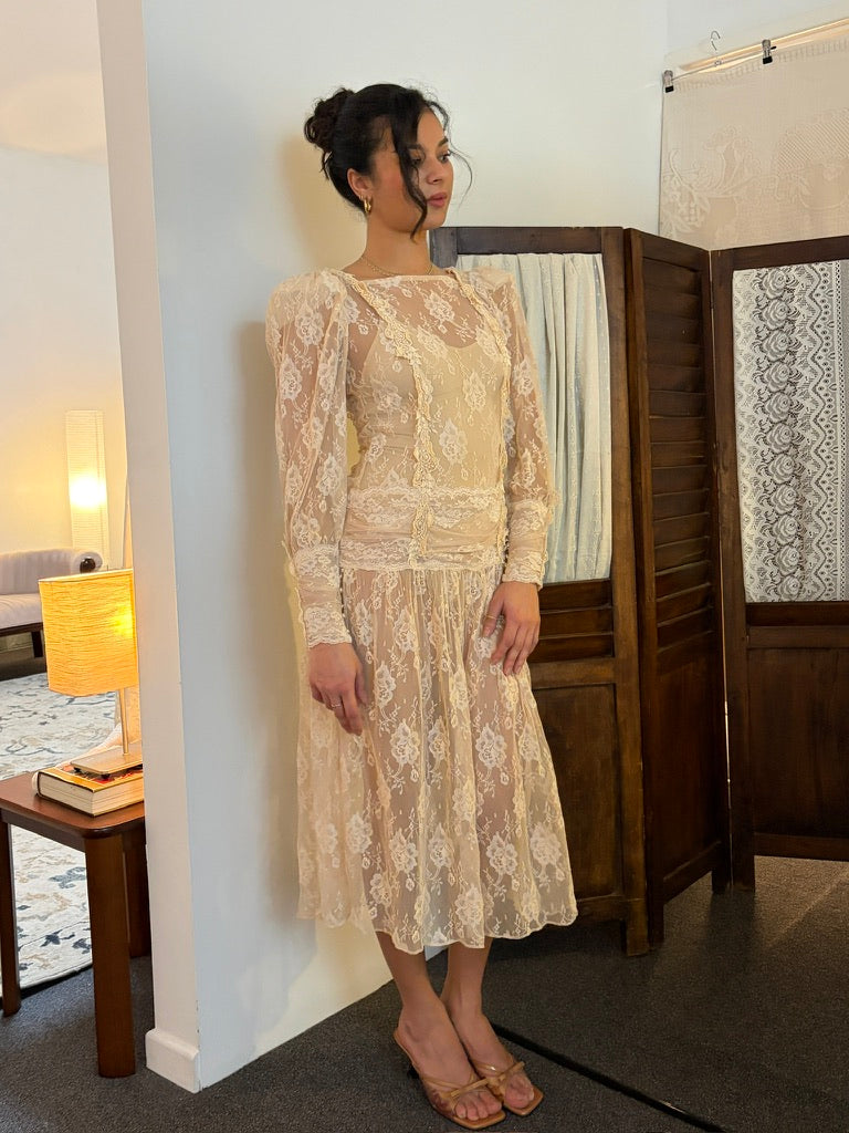 Vintage 80s drop waist long sleeve blush lace midi dress