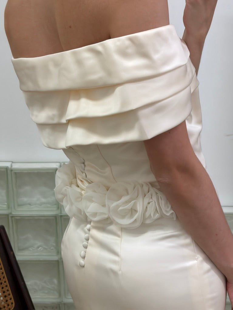 Vintage 1997 silk off shoulder wedding dress with rosettes