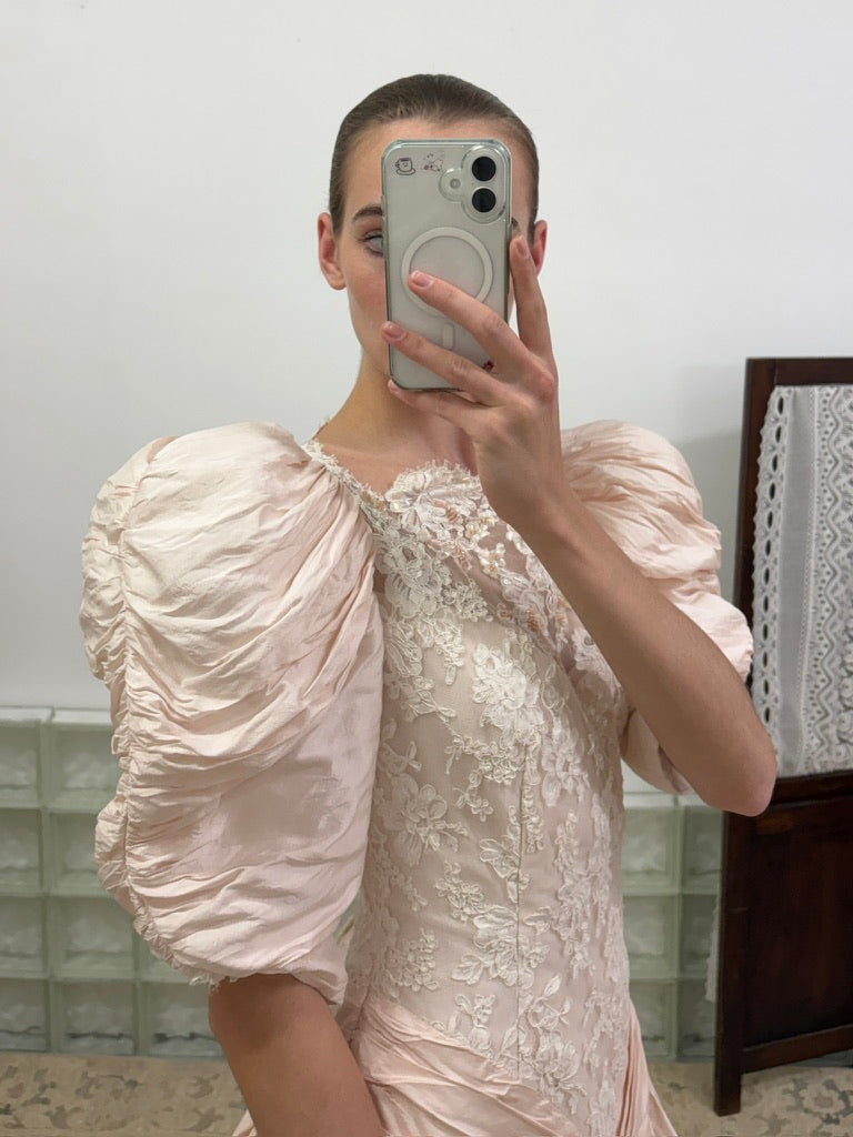 Vintage 80s ballerina pink puff sleeve basque waist gown