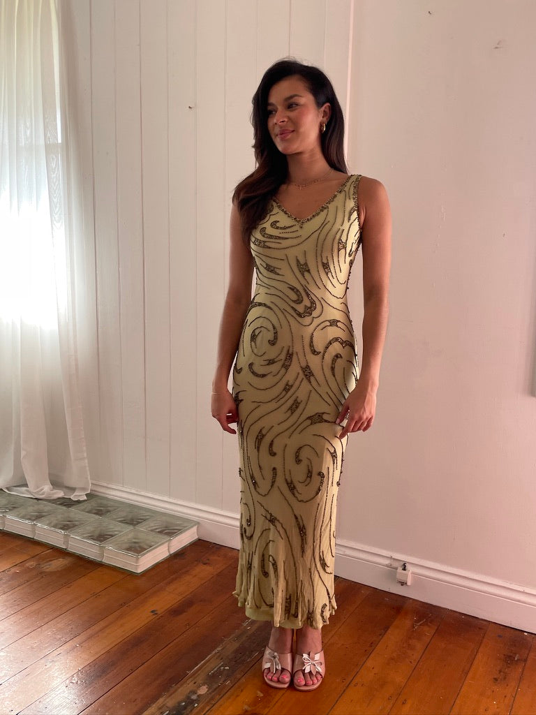 Vintage Y2K Sue Wong pistachio green silk beaded midi dress