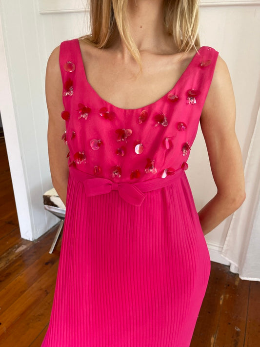 Vintage 60s Patou pink beaded sheath dress with bow