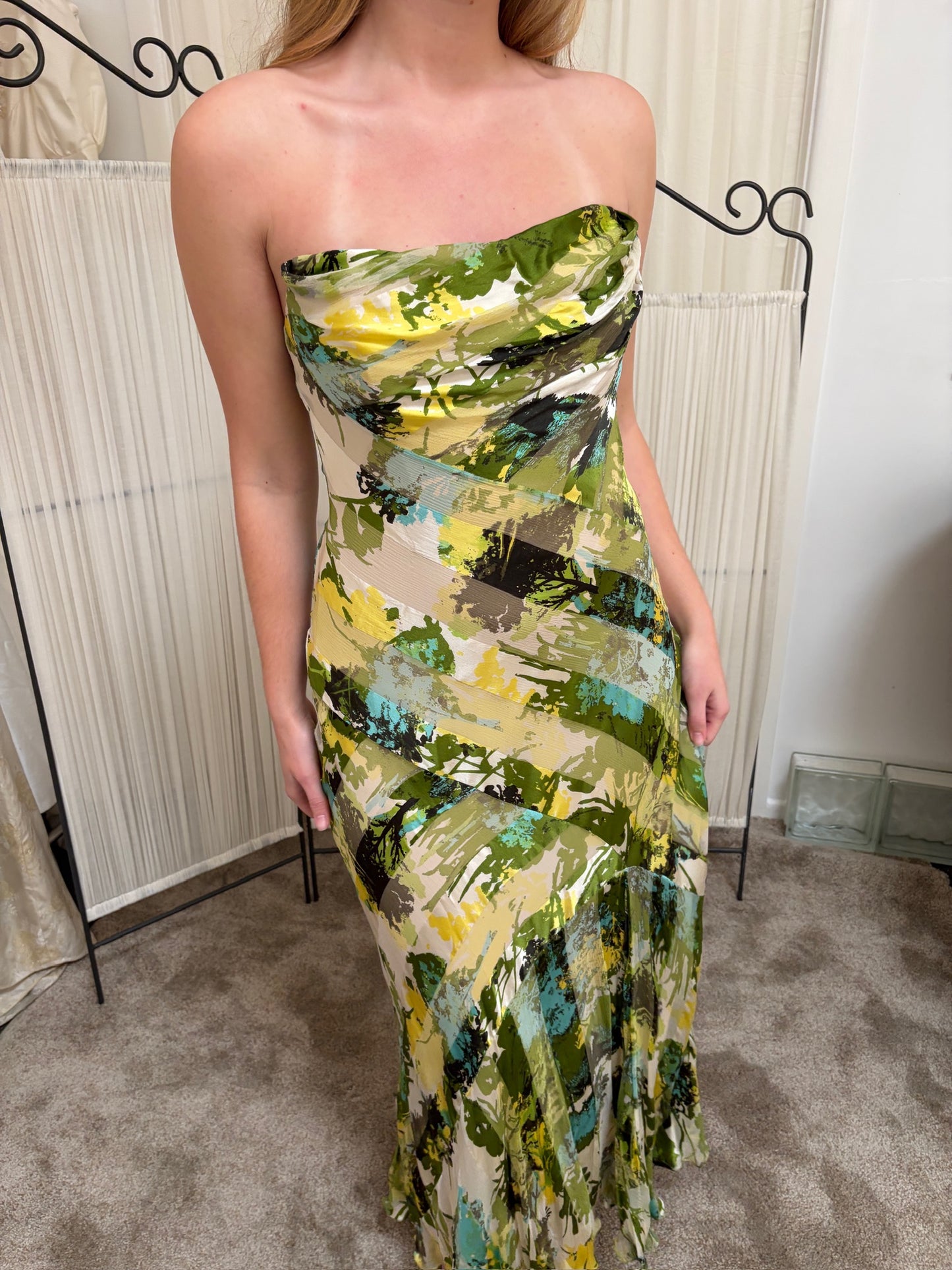Vintage 00s Melinda Eng silk strapless evening gown with shawl