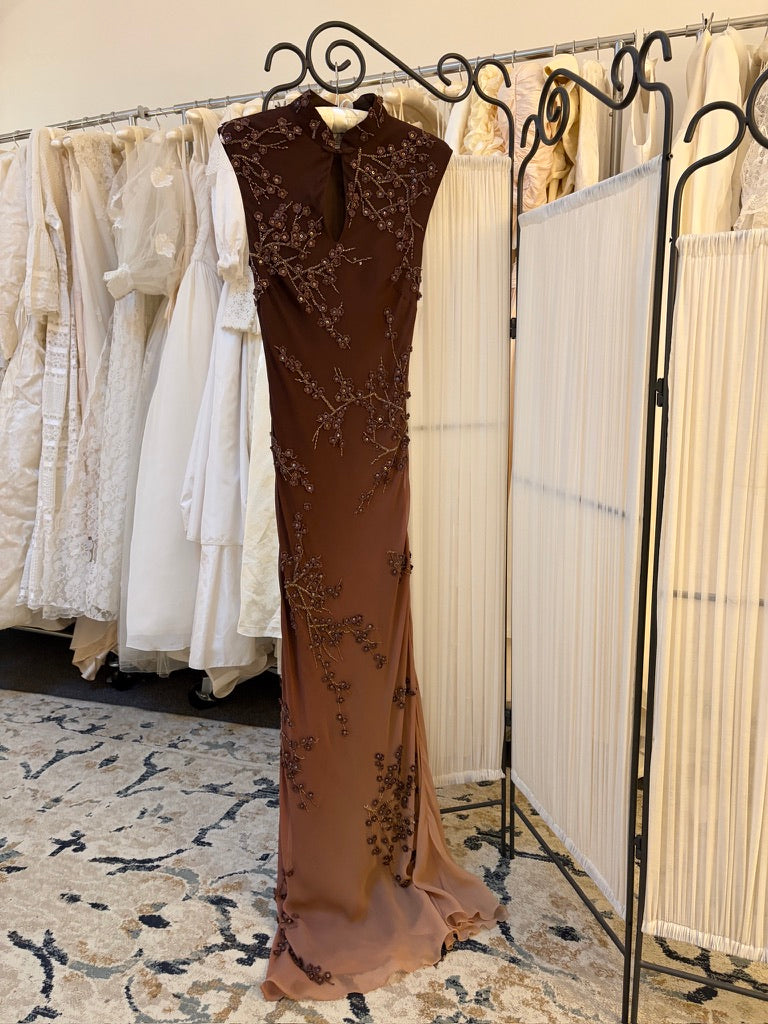 Vintage 00s Sue Wong high neck brown ombre beaded evening dress