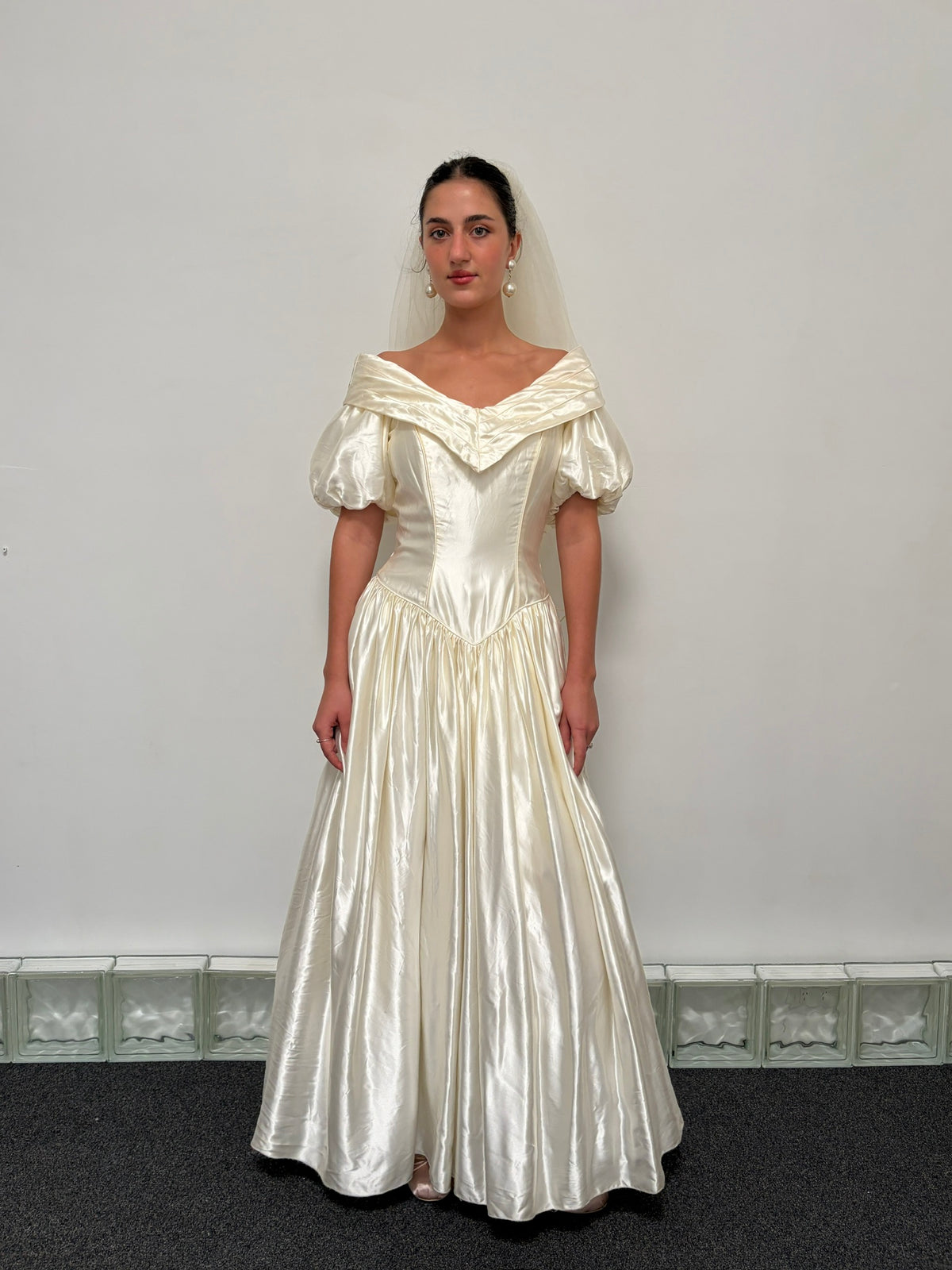 Vintage 90s cream satin basque waist princess wedding dress