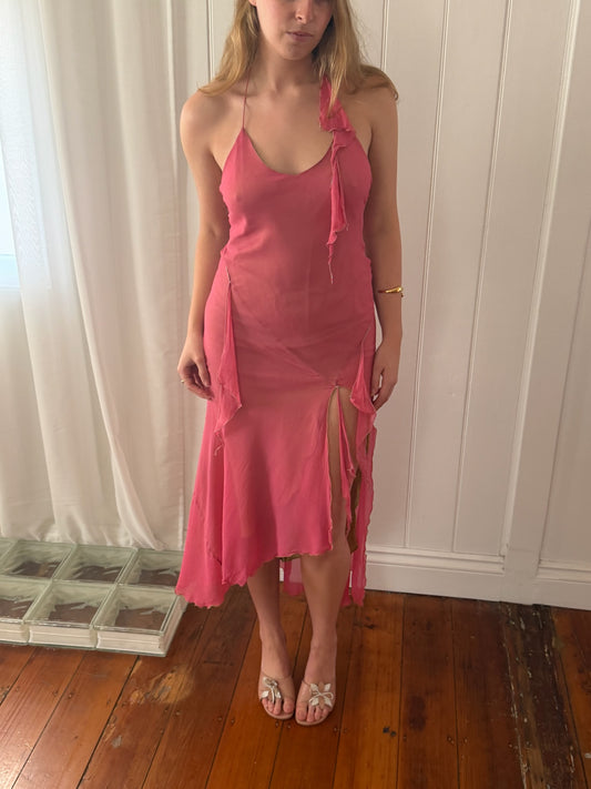 Vintage 1990 Jenny Bannister pink green silk halter maxi dress