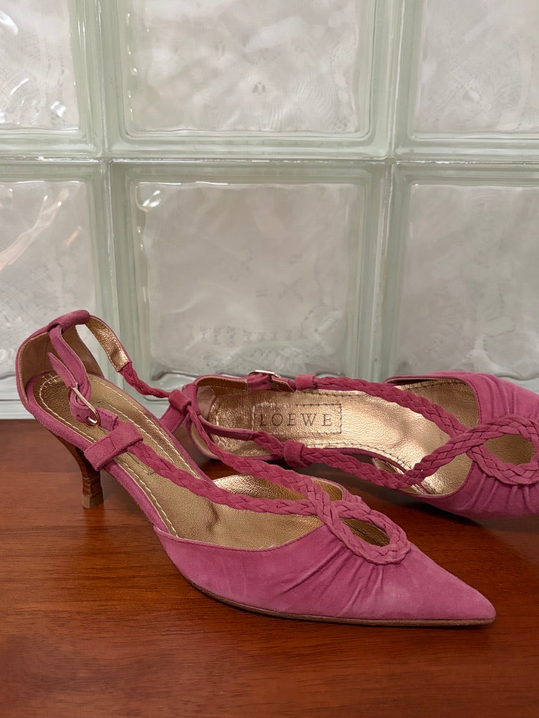 Vintage Loewe pink suede pointed toe heels with braided straps