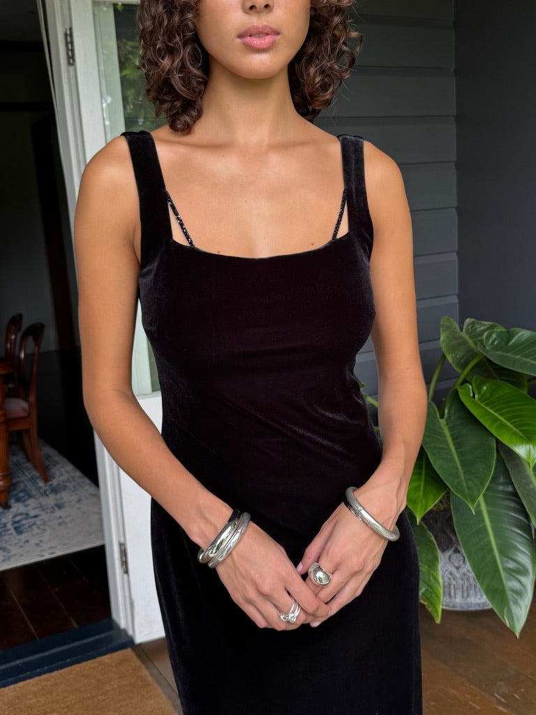 Vintage 90s black velvet maxi with open back and beaded details