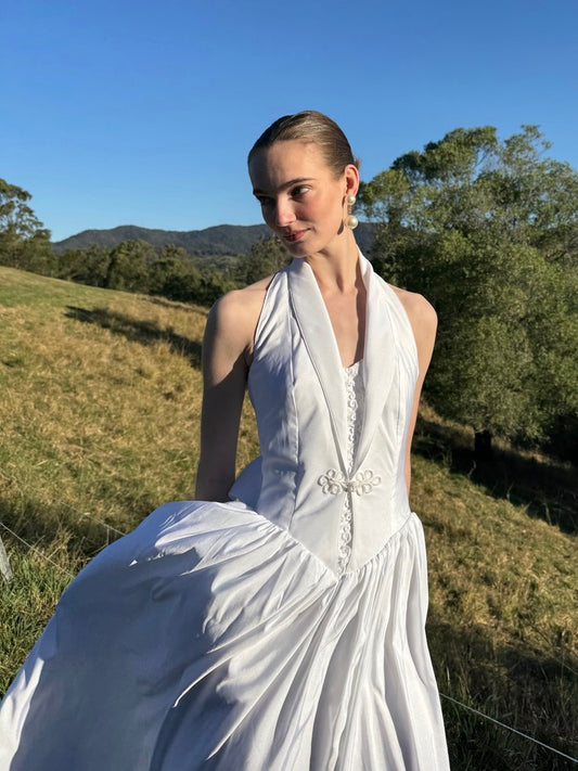 Vintage 90s taffeta basque waist halterneck gown