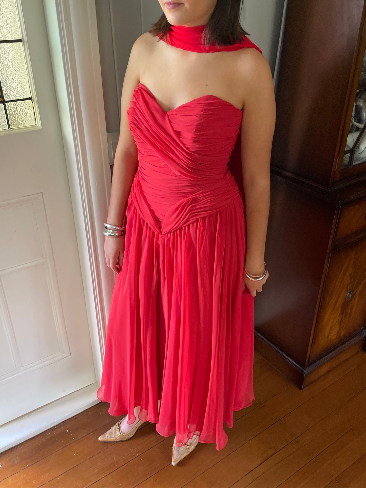 Vintage 80s red strapless basque waist gown with pleated bodice