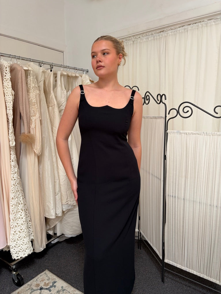 Vintage 90s reverse sweetheart black evening gown with buckles