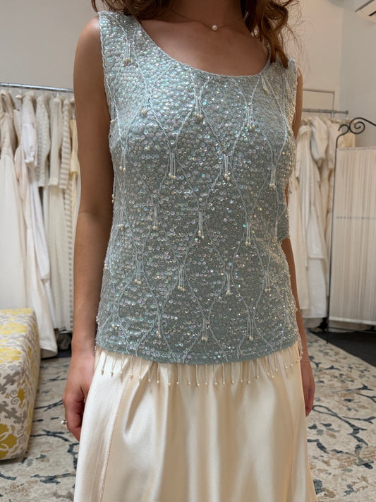 Vintage 60s Ice Blue heavily embellished wool top