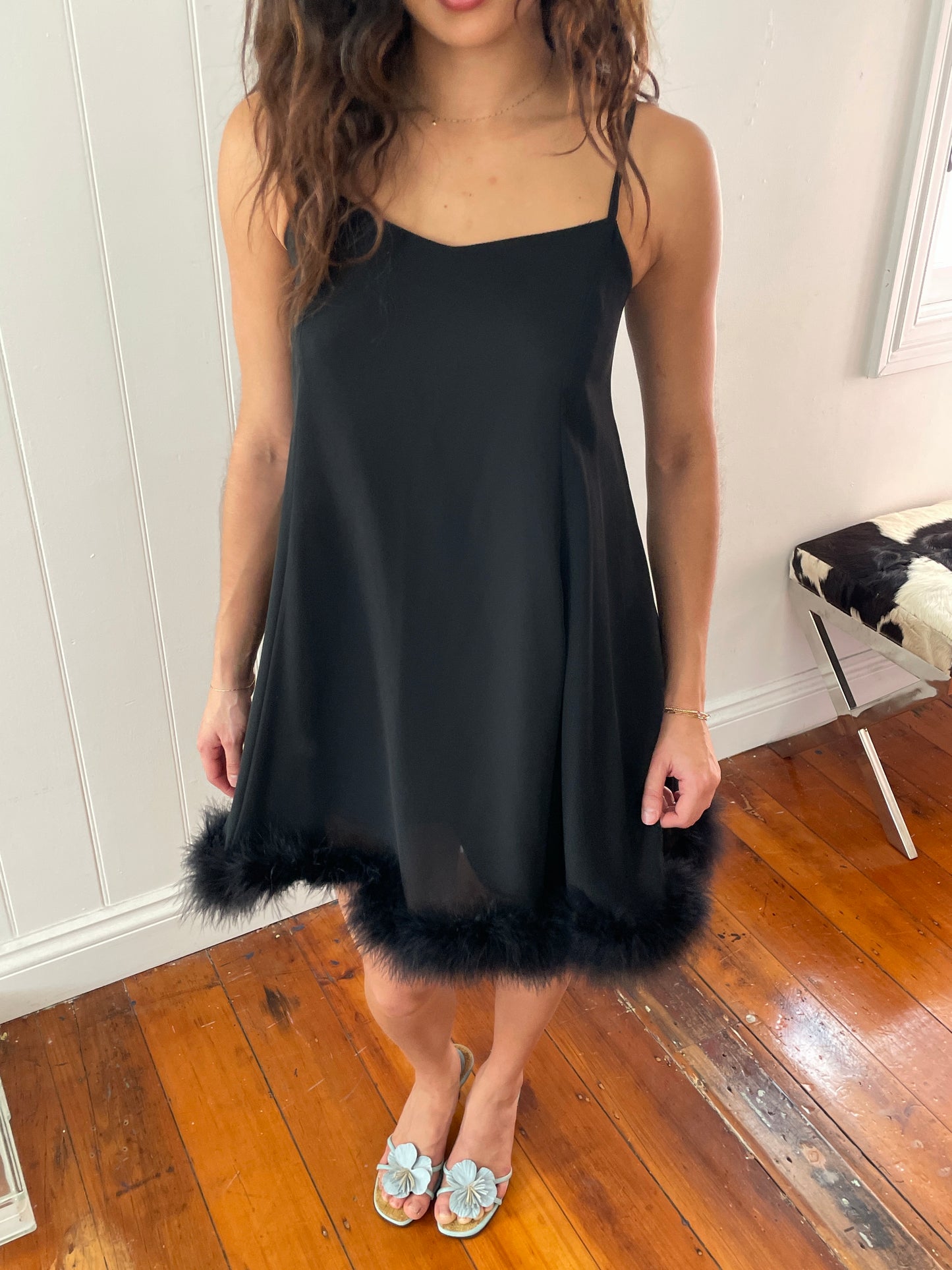 Vintage 90s Japanese black mini dress with ostrich feather trim