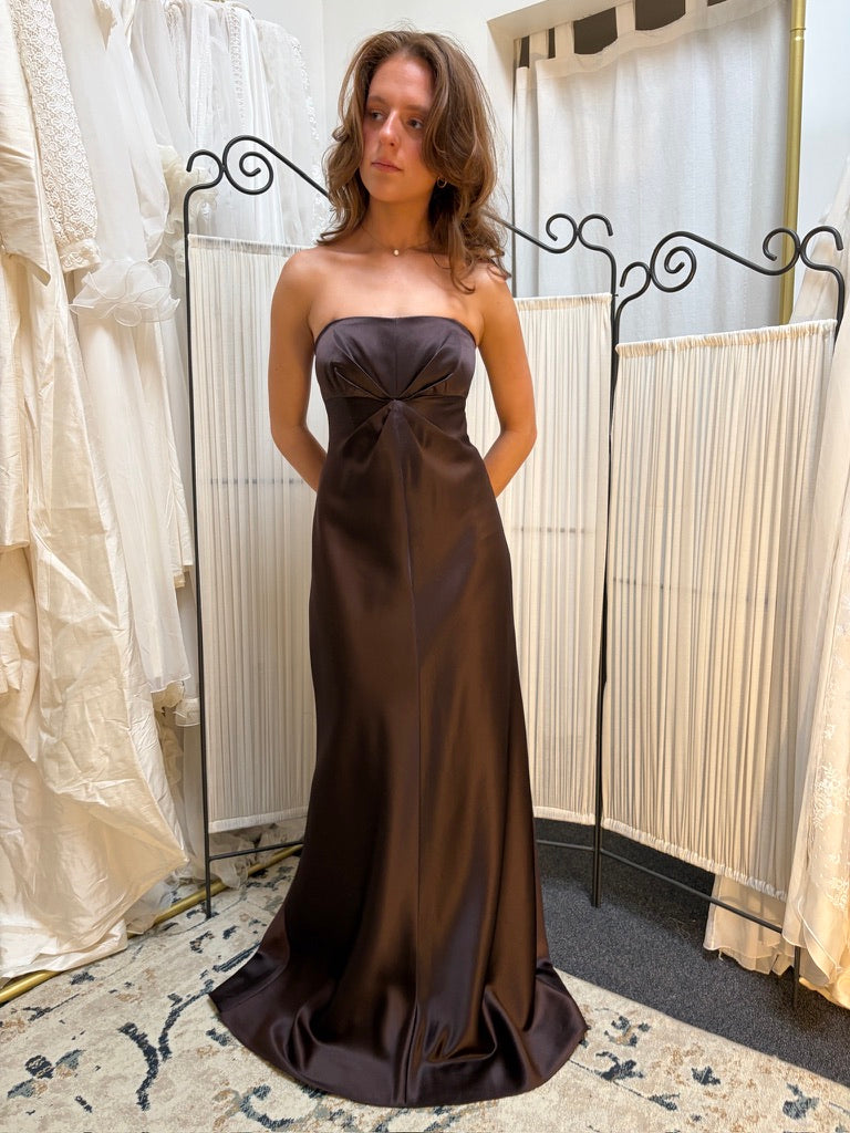 Vintage 90s Shelli Segal brown satin strapless evening gown