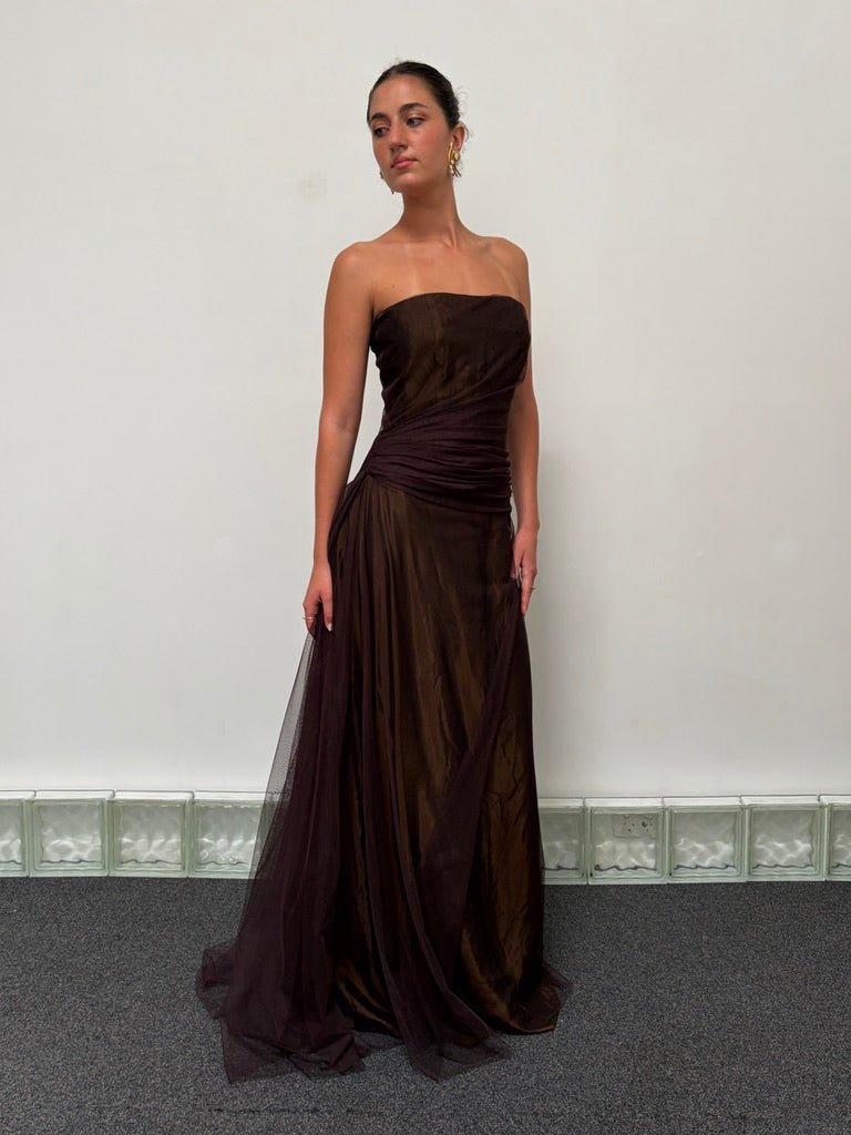 Vintage y2k Vera Wang chocolate brown strapless gathered tulle gown