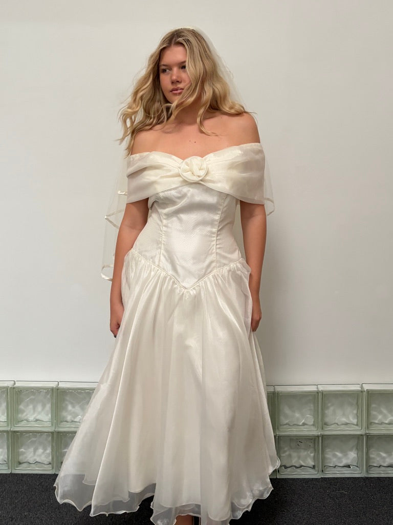 Vintage 90s basque waist organza tea length wedding dress