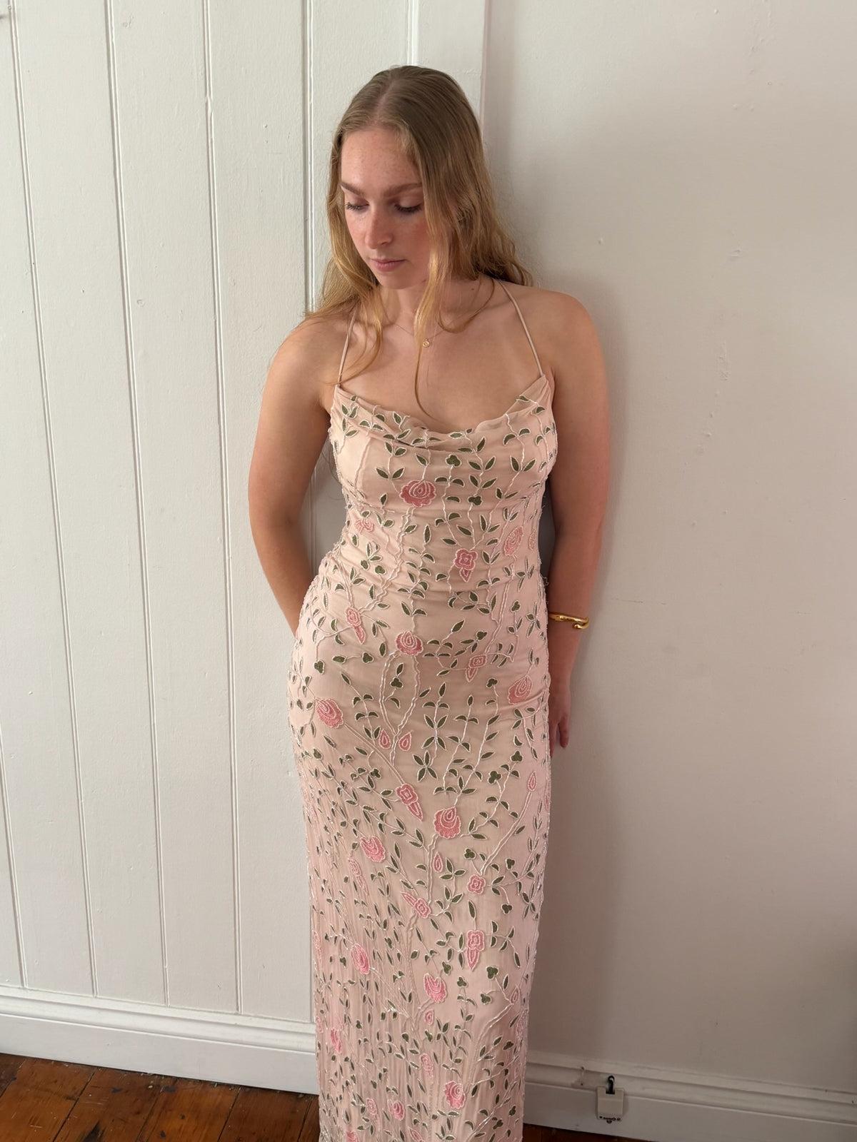 Vintage 90s baby pink silk beaded open back evening dress