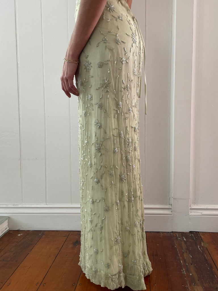 Vintage 90s pistachio green silk beaded evening dress