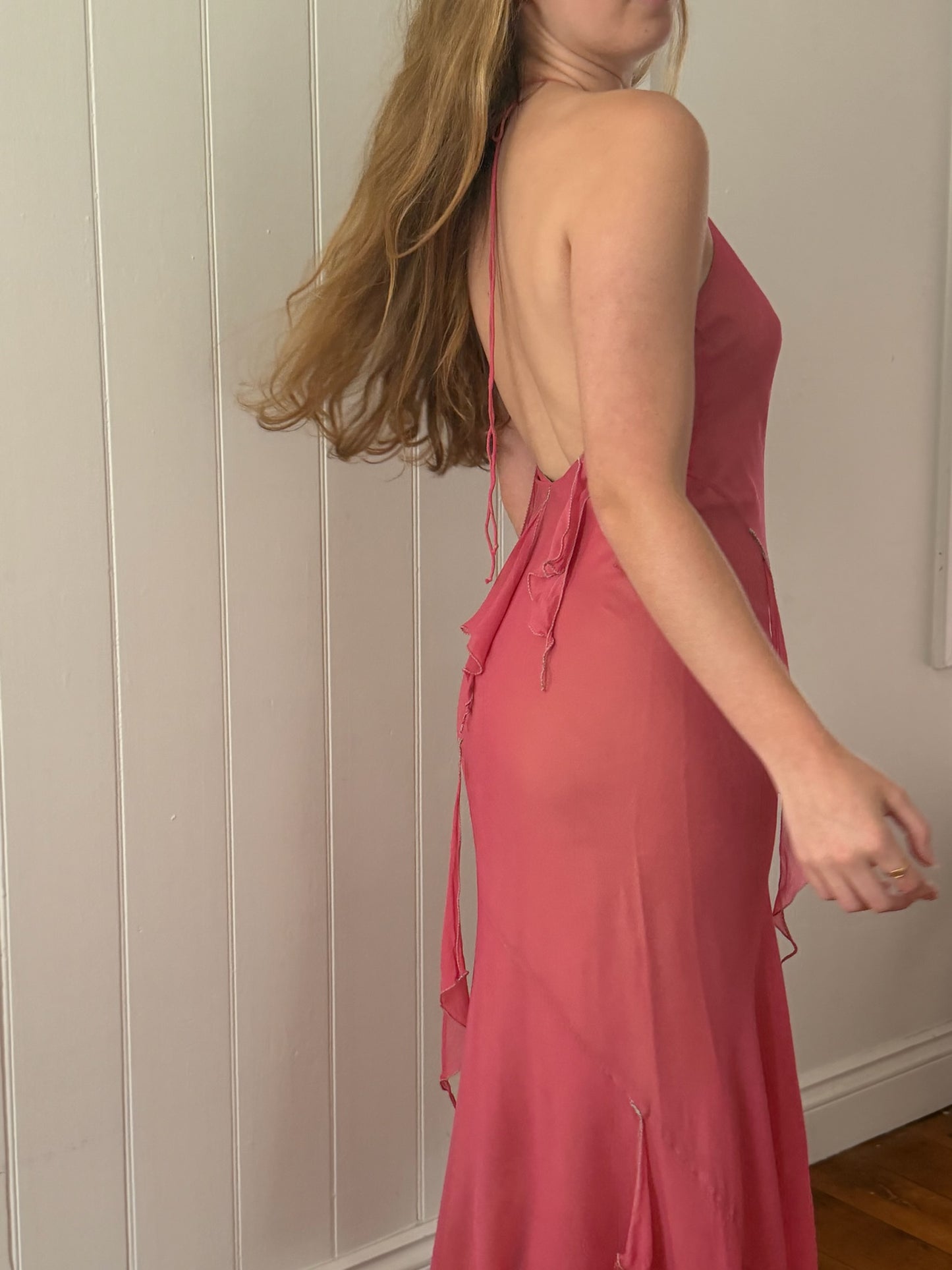 Vintage 1990 Jenny Bannister pink green silk halter maxi dress