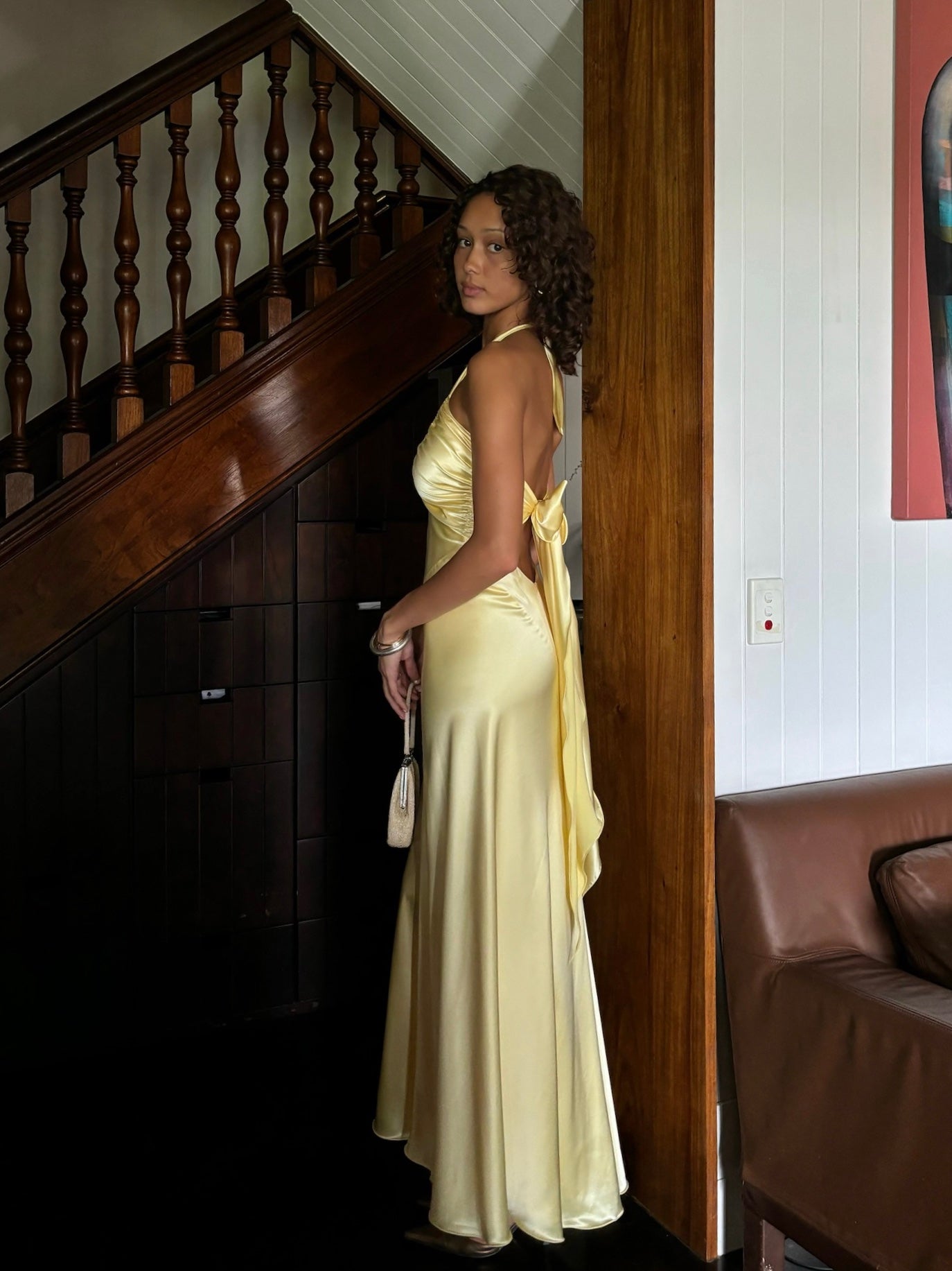 Vintage 90s lemon yellow satin halter neck evening dress