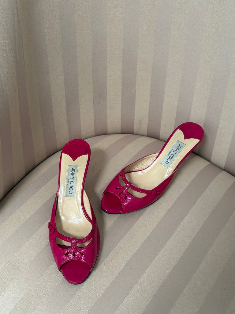 Vintage Jimmy Choo hot pink patent leather mule kitten heels