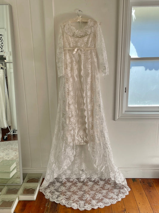 Vintage 60s long sleeve satin column gown with lace cape