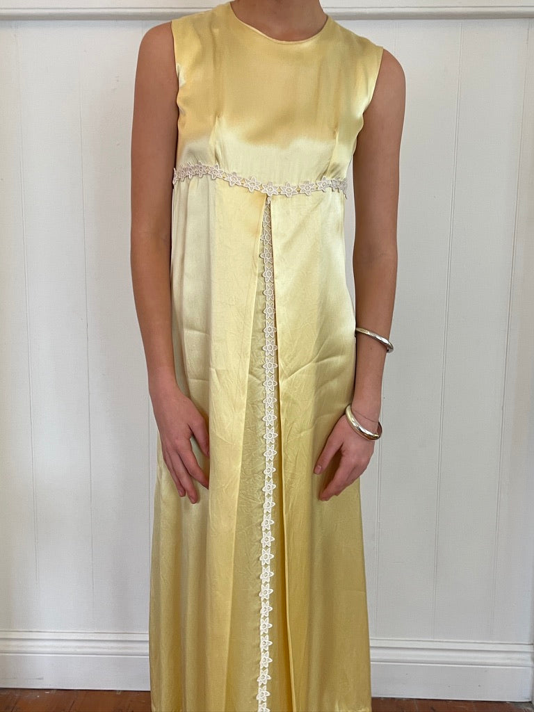 Vintage 60s butter yellow satin midi dress with lace trim