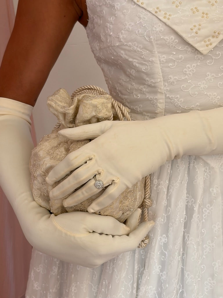 Vintage cream beaded bridal pouch with rope strap