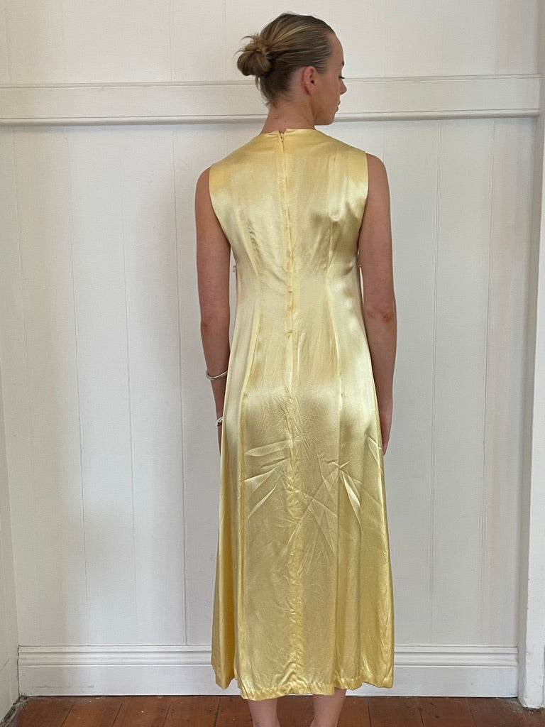 Vintage 60s butter yellow satin midi dress with lace trim
