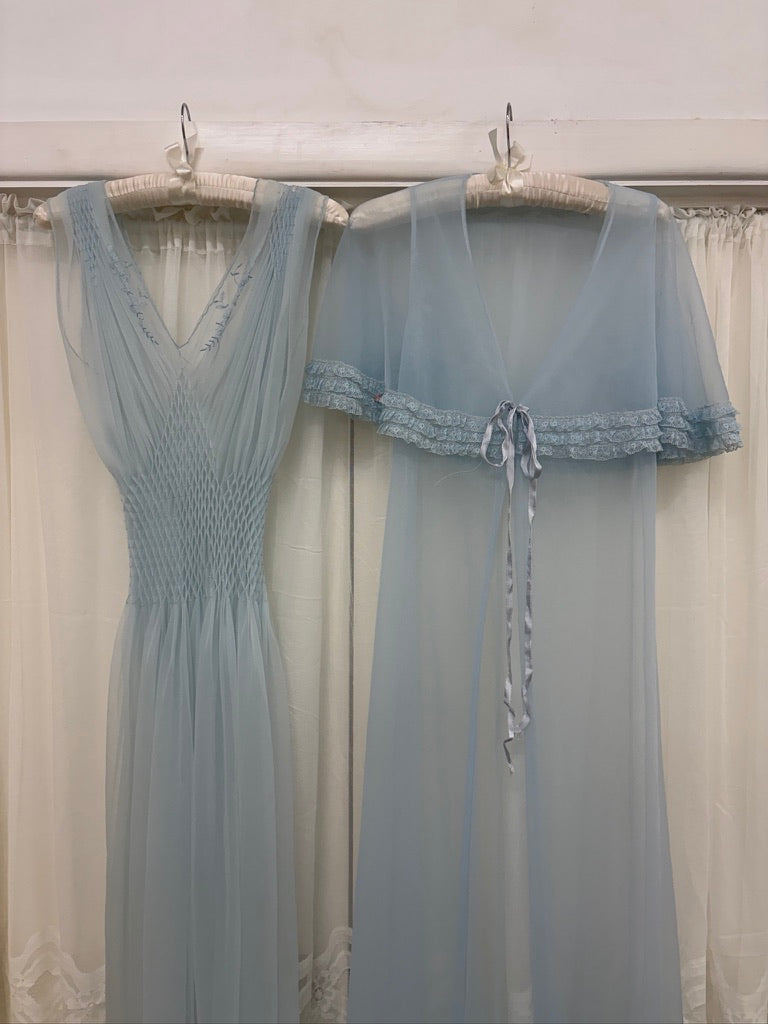 Vintage 50s ice blue sheer nylon slip dress and cape