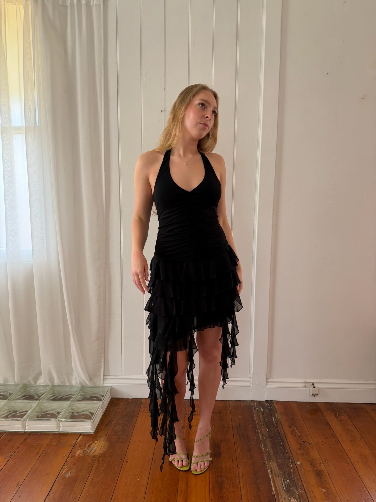 Vintage 90s black asymmetrical halter neck jellyfish dress