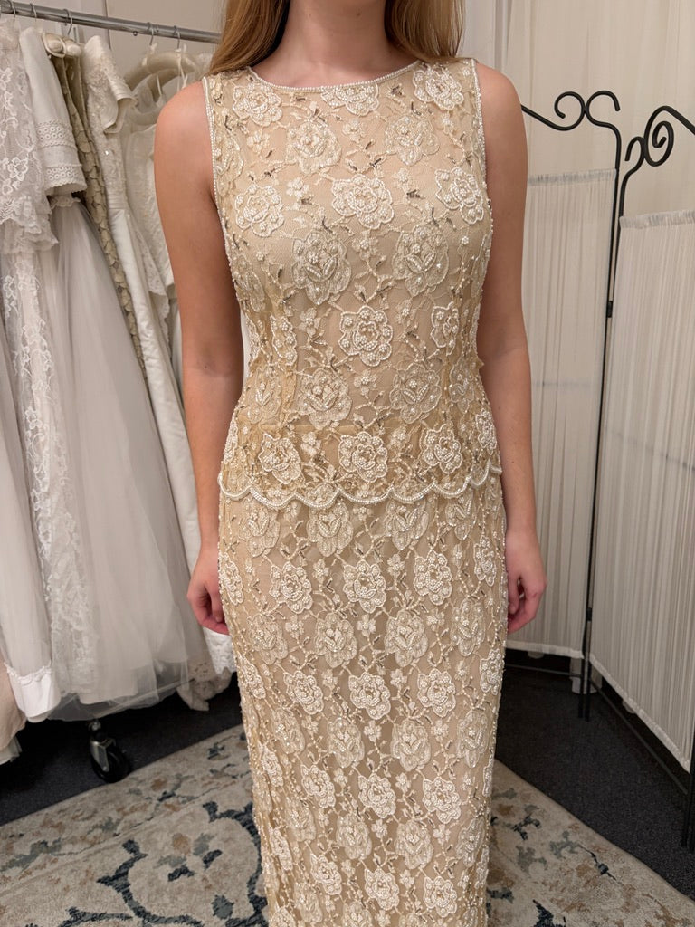 Vintage 90s high neck beaded champagne column dress