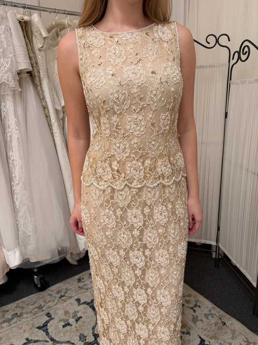 Vintage 90s high neck beaded champagne column dress