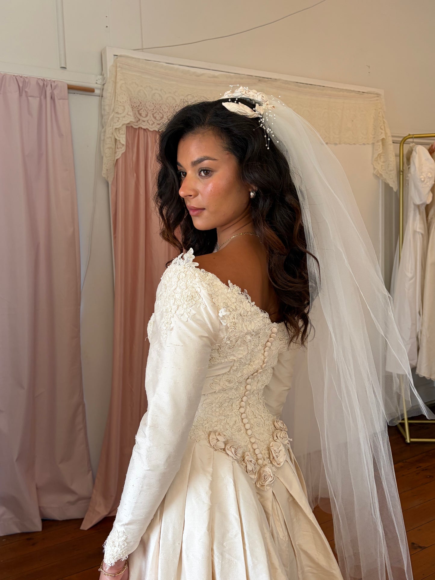 Vintage 1991 Silk dupion lone sleeve wedding gown with matching veil