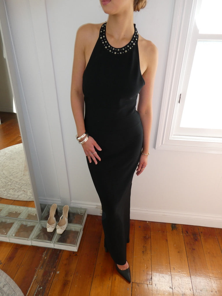Sydney Dress - Vintage Y2K Hervé Léger high neck black bandage gown