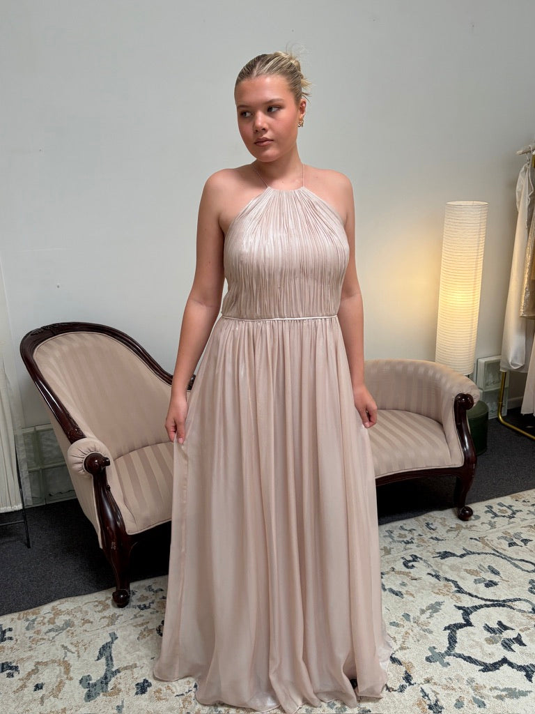 Vera Wang dusty pink shimmery pleated high neck gown
