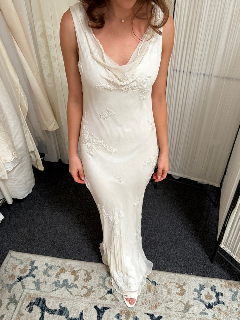 Vintage Y2K Scala silk ivory beaded slip dress with open back
