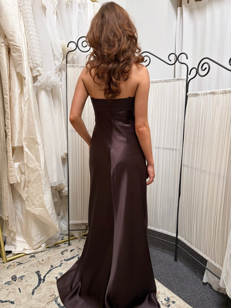 Vintage 90s Shelli Segal brown satin strapless evening gown