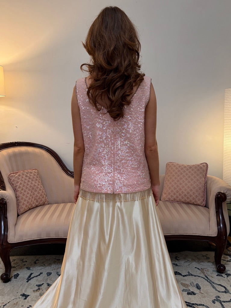 Vintage 60s pastel pink sequinned wool top with gold trim