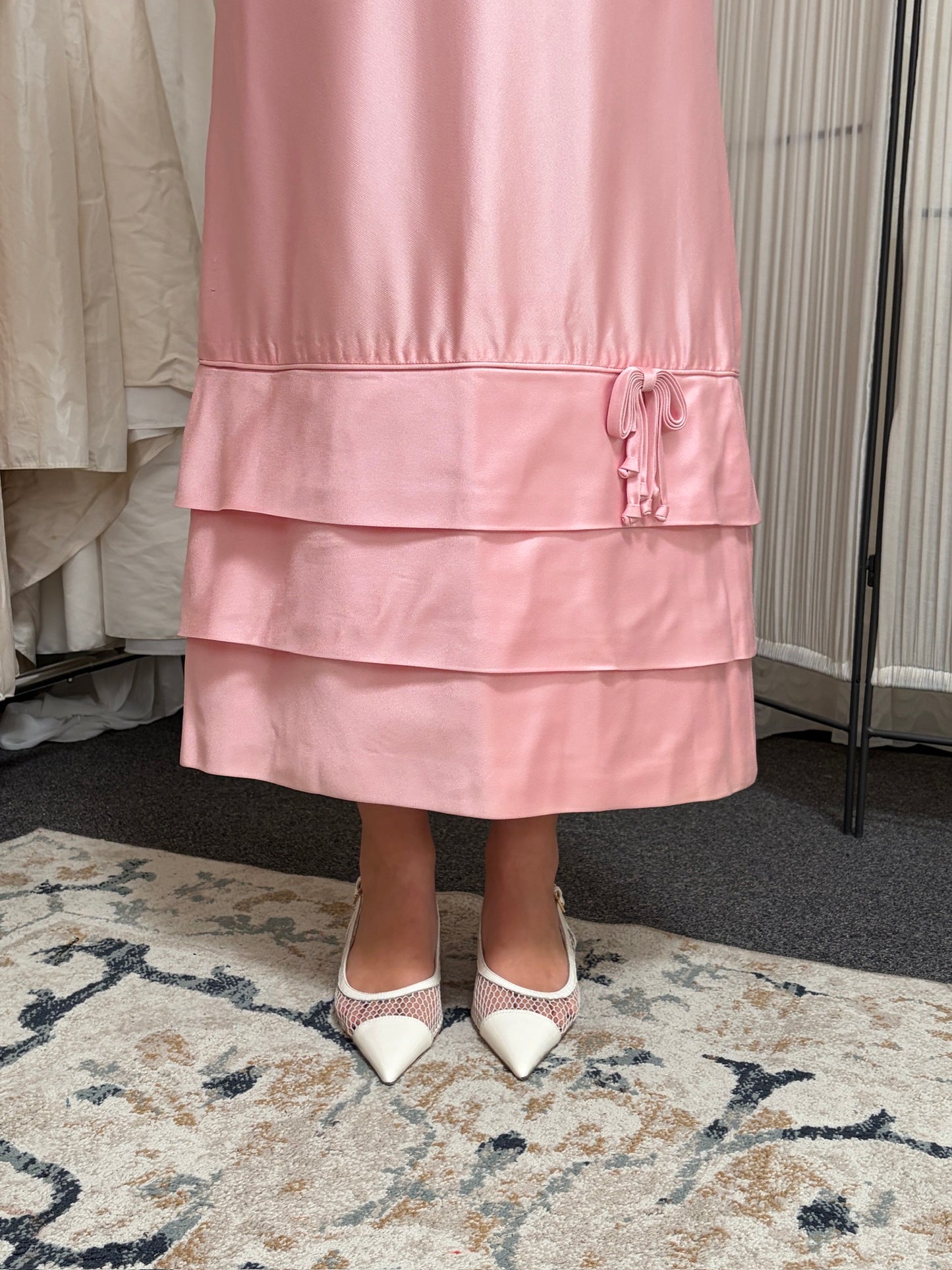 Vintage 60s candy pink tiered evening gown with bows