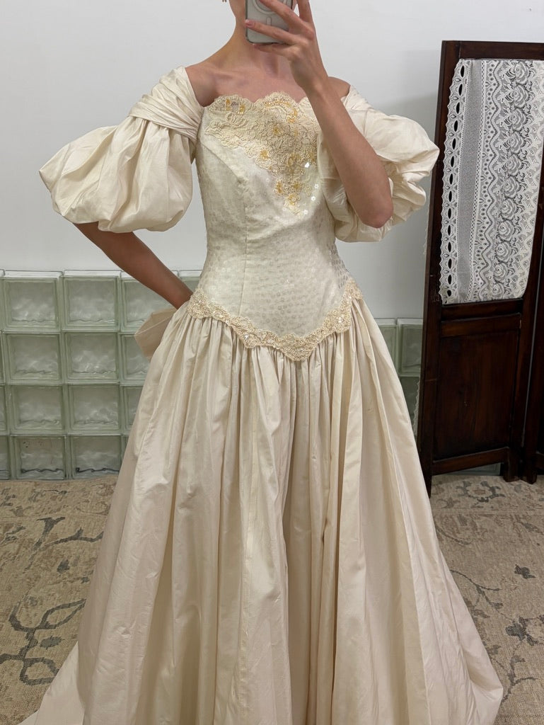 Vintage 80s silk taftetta drop waist princess wedding gown with train