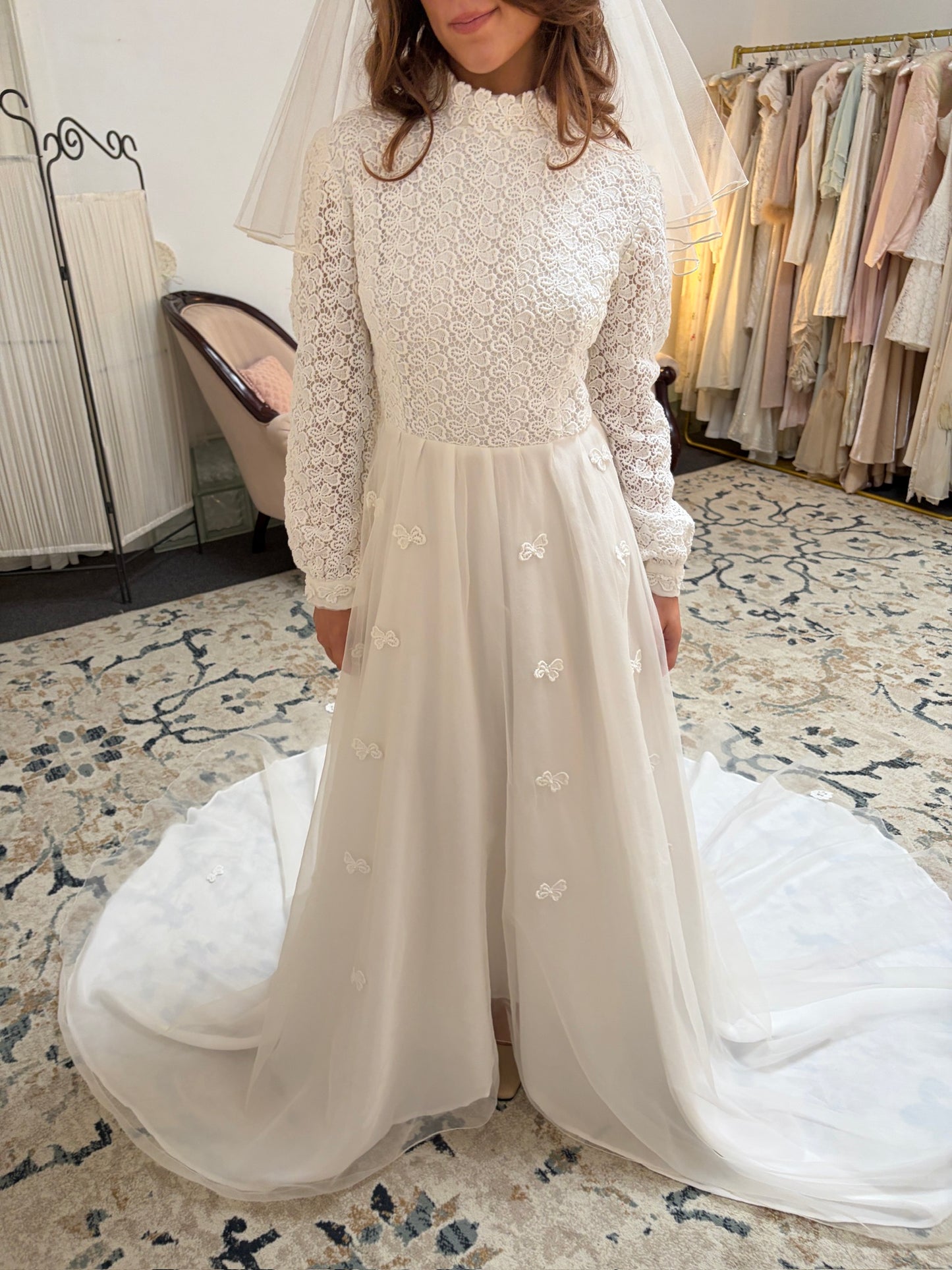 Vintage 60s long sleeve guipure lace wedding gown with applique train