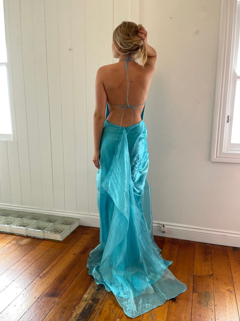 Vintage 90s aqua gathered organza backless halter gown